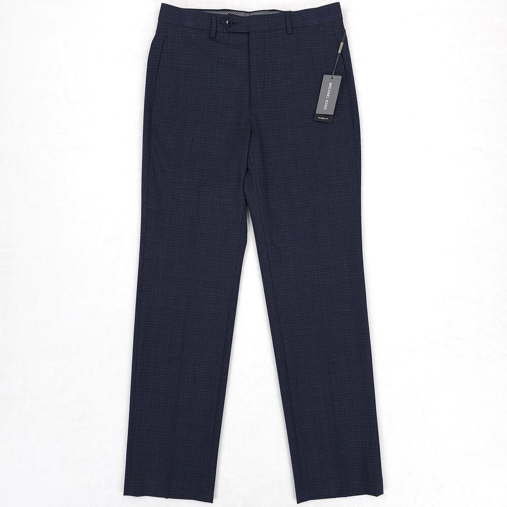 Michael Kors Mens Classic Fit Dress Pants 30x32 Dark Blue Check Stretch NWT